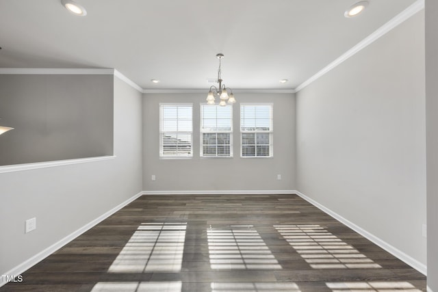 unfurnished dining area with ornamental molding, a notable chandelier, wood finished floors, and recessed lighting