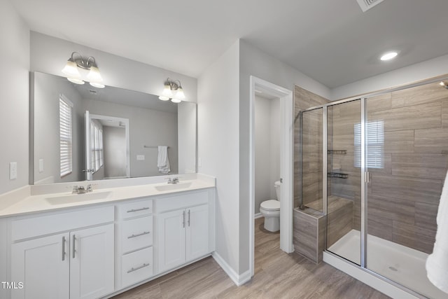 full bathroom featuring wood finished floors, a sink, a shower stall, and double vanity