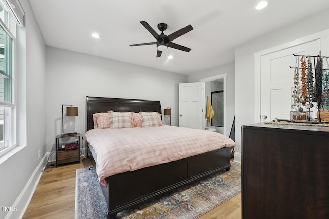 bedroom featuring ceiling fan, baseboards, light wood-style floors, and recessed lighting