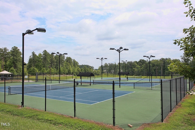 view of tennis court featuring fence