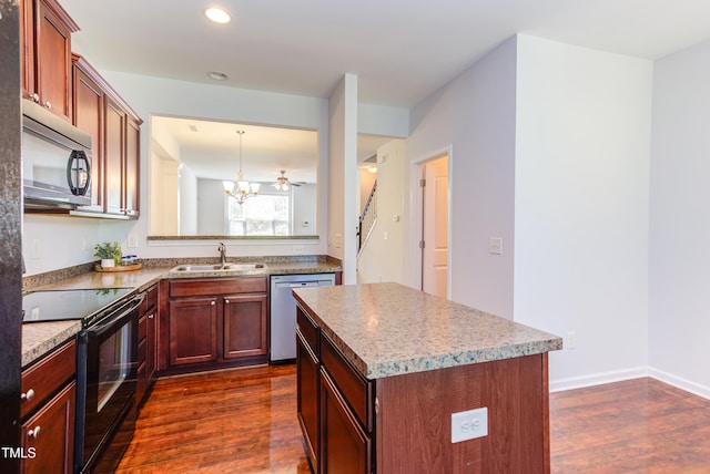 kitchen with stainless steel dishwasher, electric range, dark wood-style flooring, a chandelier, and a sink