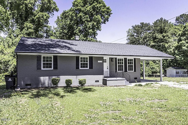 single story home featuring brick siding, crawl space, a carport, roof with shingles, and a front lawn