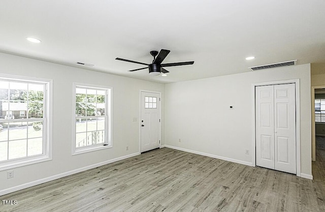 interior space featuring visible vents, recessed lighting, wood finished floors, and ceiling fan