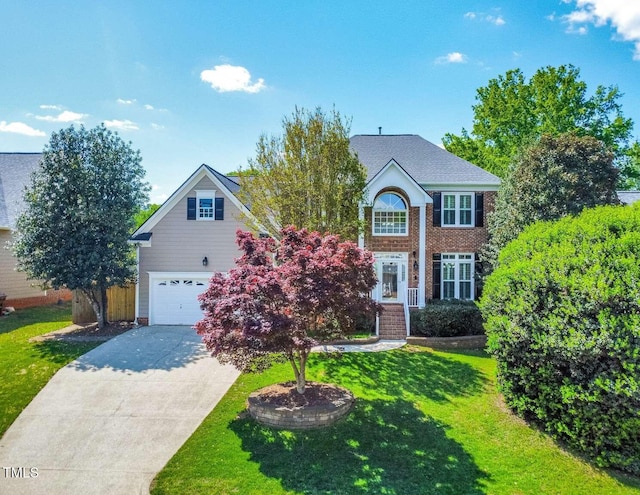 view of front of home featuring concrete driveway, brick siding, a front lawn, and a garage