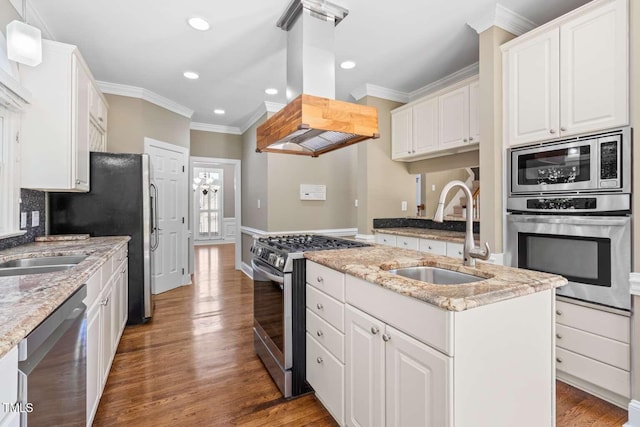 kitchen with stainless steel appliances, island exhaust hood, crown molding, and a sink