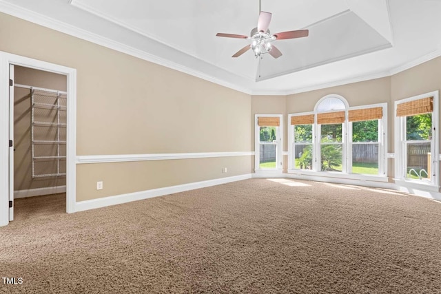 carpeted spare room featuring crown molding, ceiling fan, a raised ceiling, and baseboards