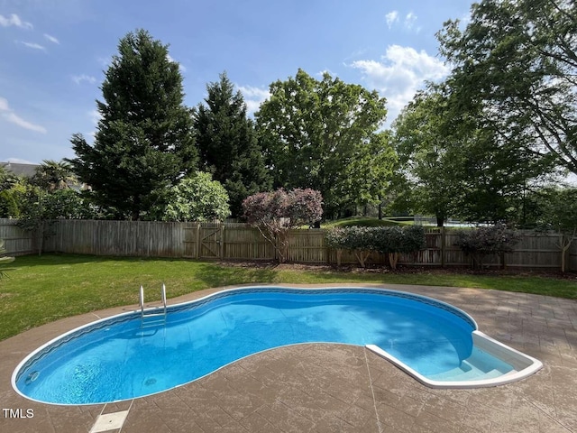 view of pool with a fenced in pool, a yard, and a fenced backyard