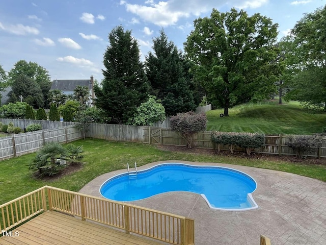 view of pool featuring a fenced in pool, a yard, and a fenced backyard