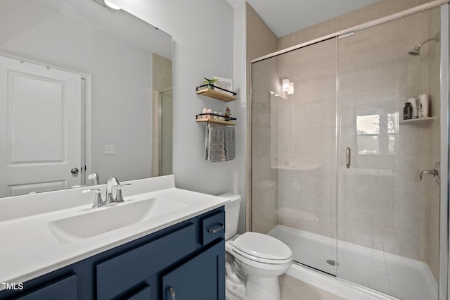 bathroom featuring vanity, a stall shower, toilet, and visible vents
