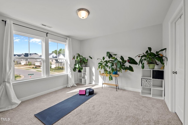 workout area featuring baseboards, carpet, and visible vents