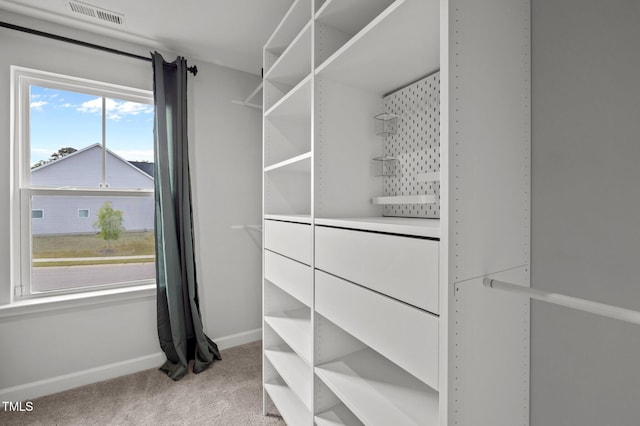 spacious closet with visible vents and light carpet