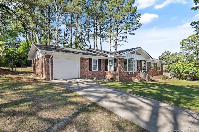 ranch-style home featuring concrete driveway, a front lawn, brick siding, and a garage