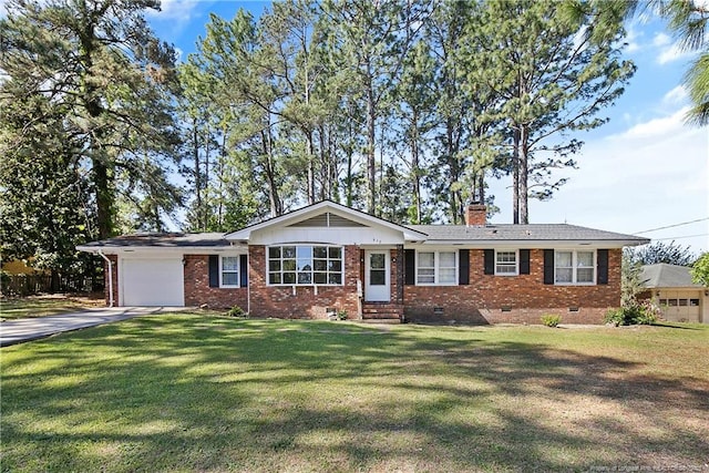 ranch-style home with a front lawn, entry steps, an attached garage, crawl space, and driveway