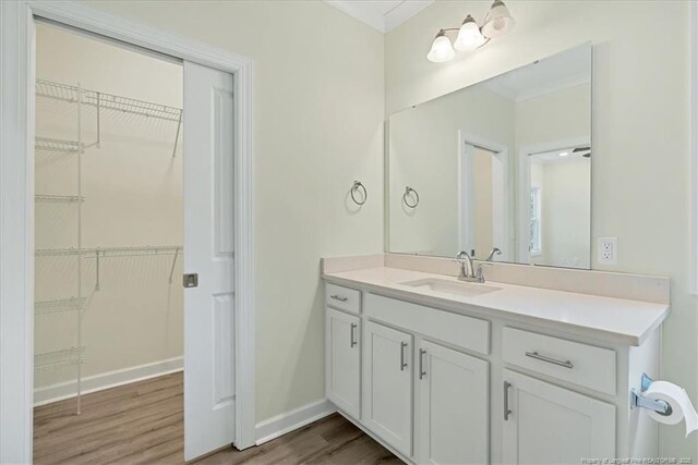 45 Martin Dr, Whispering Pines, NC 28327 - bathroom with vanity, wood finished floors, ornamental molding, and a spacious closet