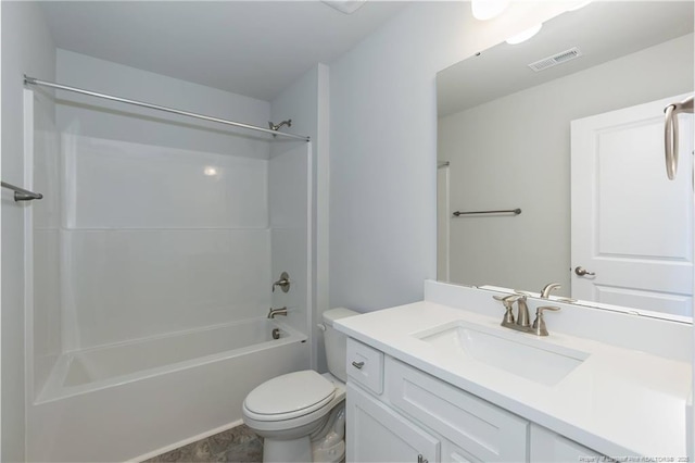 bathroom with toilet, visible vents, shower / bathing tub combination, and vanity