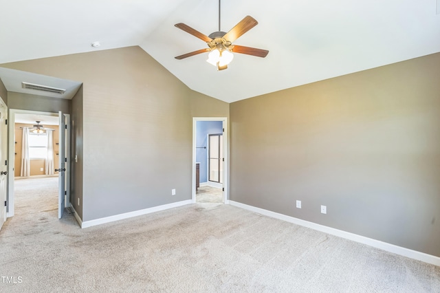 unfurnished room featuring light colored carpet, ceiling fan, baseboards, and visible vents