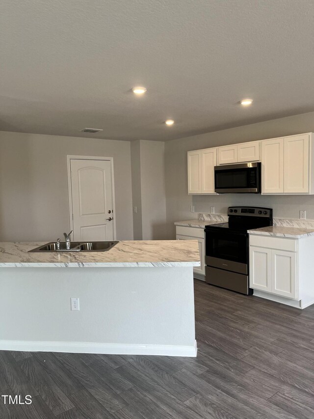 209 Lillian Ct, Roxboro, NC 27573 - kitchen featuring stainless steel appliances, a sink, white cabinetry, and dark wood finished floors