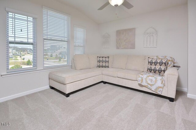 490 Mallard Loop Dr, Clayton, NC 27527 - living room with baseboards, a ceiling fan, vaulted ceiling, and carpet floors
