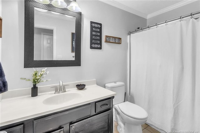 bathroom with tile patterned floors, toilet, vanity, crown molding, and a shower with shower curtain