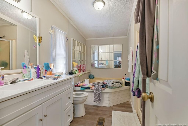 bathroom with wood finished floors, visible vents, toilet, vanity, and a textured ceiling
