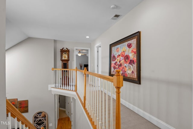 stairs with baseboards, ceiling fan, recessed lighting, and visible vents