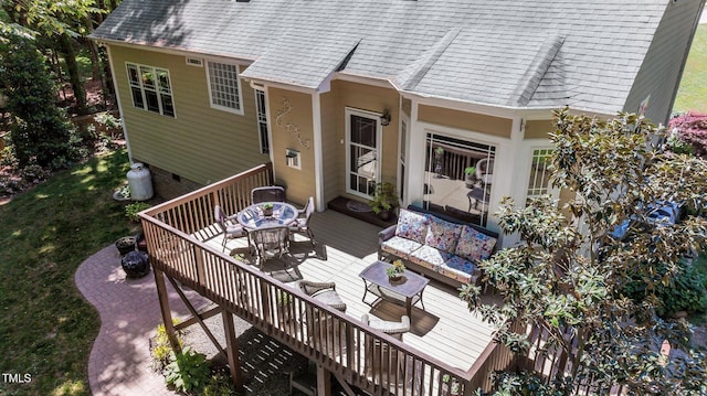 exterior space featuring an outdoor living space, stairway, and outdoor dining space