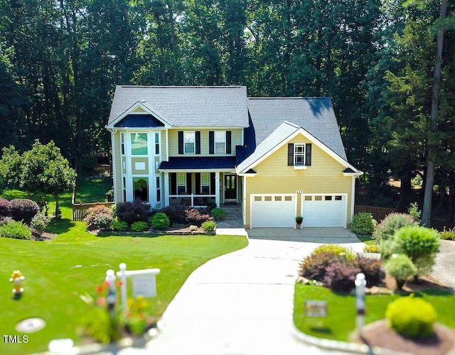 624 Moultonboro Ave, Wake Forest, NC 27587 - view of front of home featuring concrete driveway, a front lawn, covered porch, a shingled roof, and a garage
