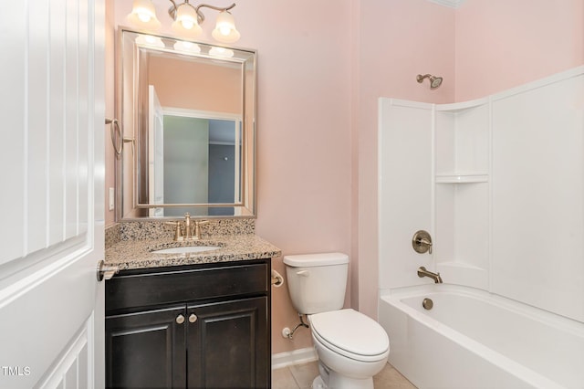 bathroom with tile patterned flooring, tub / shower combination, toilet, and vanity