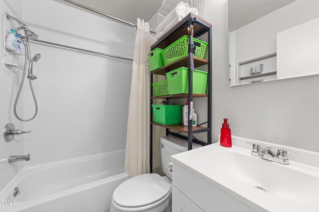 bathroom with toilet, shower / tub combo with curtain, and vanity