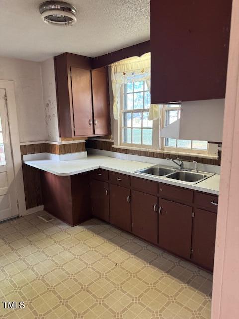 207 Harris St, Norlina, NC 27563 - kitchen with light floors, light countertops, a sink, wainscoting, and a textured ceiling