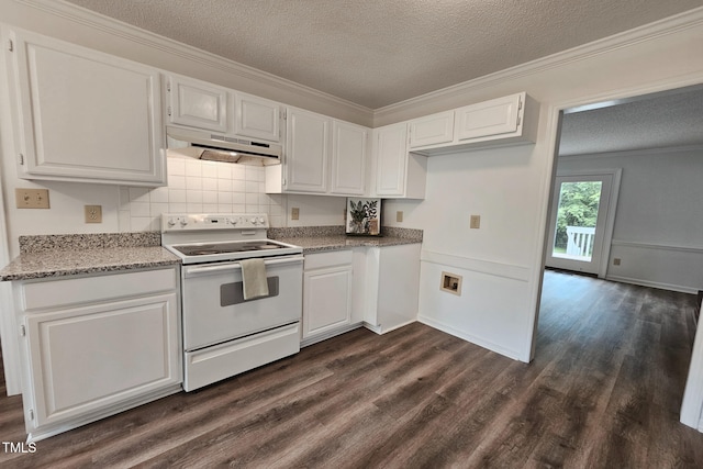 kitchen featuring white range with electric stovetop, a textured ceiling, under cabinet range hood, dark wood finished floors, and white cabinets