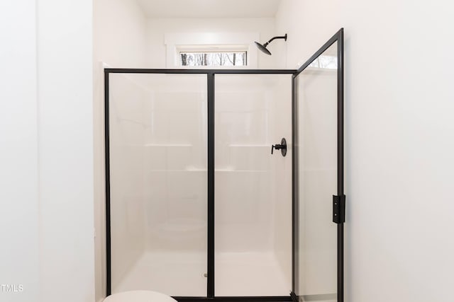 full bathroom with a shower stall and toilet