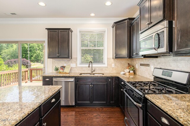 kitchen featuring plenty of natural light, a sink, crown molding, and stainless steel appliances