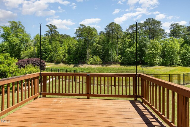 deck with a lawn and a fenced backyard