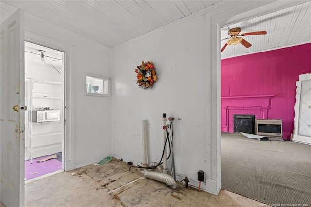 107 Church St, Red Springs, NC 28377 - interior space with heating unit, laundry area, ceiling fan, and crown molding