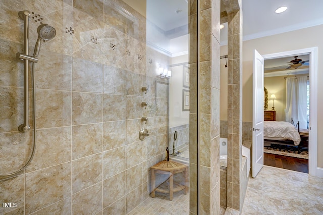 ensuite bathroom featuring ensuite bathroom, crown molding, a tile shower, and tile walls