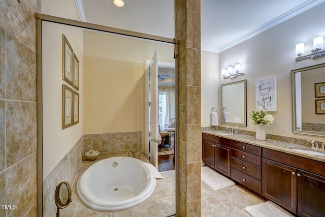 full bathroom with crown molding, a bath, double vanity, and a sink