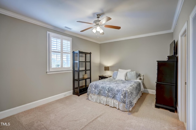 bedroom featuring visible vents, ornamental molding, carpet, and baseboards