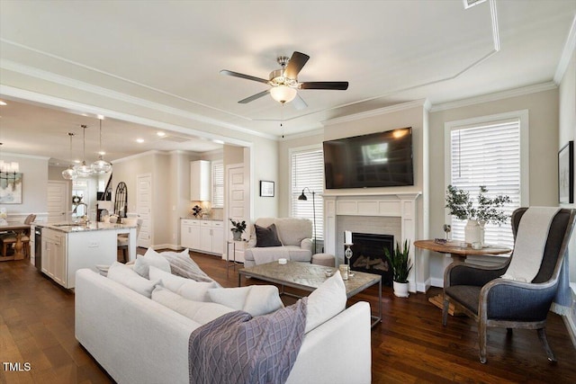 living area with ornamental molding, ceiling fan with notable chandelier, dark wood-style flooring, and a brick fireplace