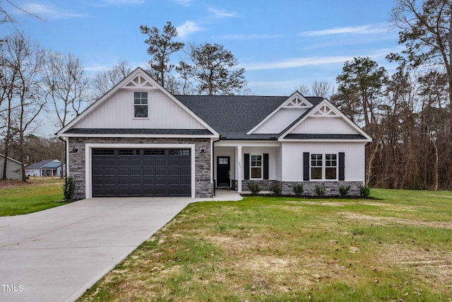3803 Huntcliff Dr, La Grange, NC 28551 - craftsman-style home with stone siding, driveway, a front yard, roof with shingles, and a porch