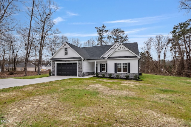 3803 Huntcliff Dr, La Grange, NC 28551 - view of front of property featuring stone siding, concrete driveway, a front lawn, and a shingled roof