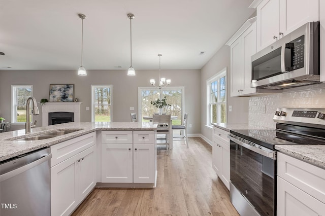 3803 Huntcliff Dr, La Grange, NC 28551 - kitchen with stainless steel appliances, a sink, light wood-style floors, a fireplace, and decorative backsplash