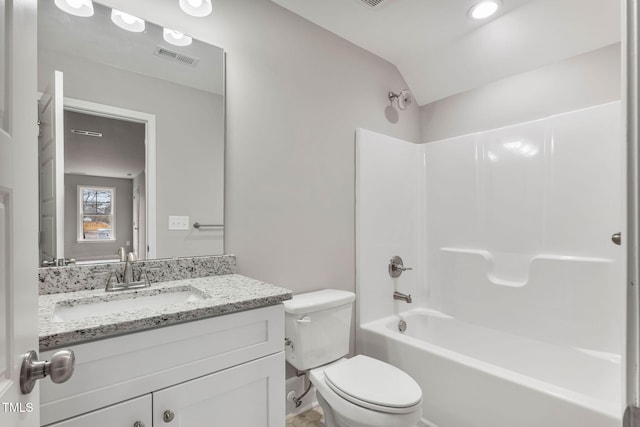 3803 Huntcliff Dr, La Grange, NC 28551 - bathroom with toilet, vanity,  shower combination, and vaulted ceiling