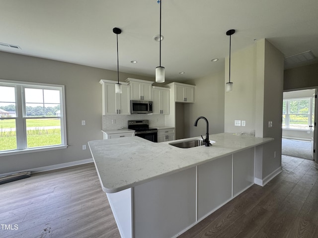 3803 Huntcliff Dr, La Grange, NC 28551 - kitchen with stainless steel appliances, wood finished floors, a peninsula, white cabinetry, and light stone countertops