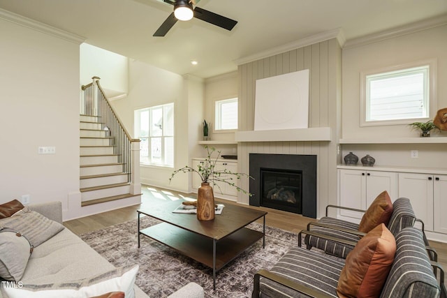 living area with stairs, a large fireplace, ornamental molding, ceiling fan, and light wood finished floors