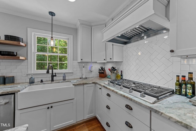 2409 Beechview Ct, Raleigh, NC 27615 - kitchen with premium range hood, a sink, appliances with stainless steel finishes, tasteful backsplash, and crown molding
