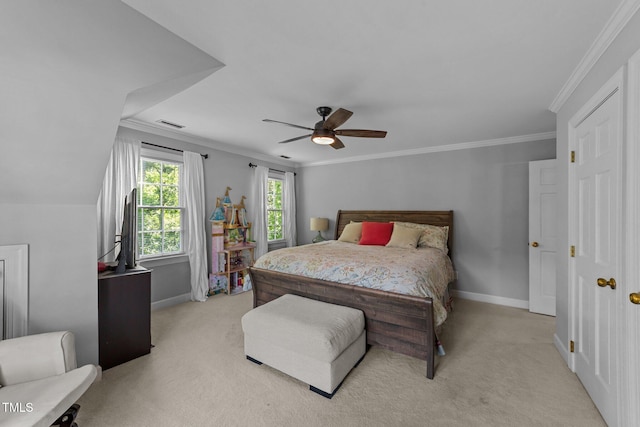 2409 Beechview Ct, Raleigh, NC 27615 - bedroom with light colored carpet, baseboards, crown molding, and ceiling fan