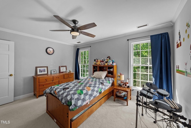 2409 Beechview Ct, Raleigh, NC 27615 - bedroom with light carpet, multiple windows, crown molding, and baseboards