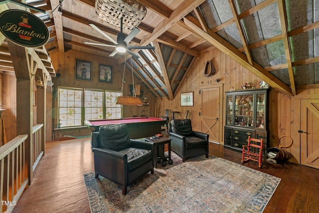 2409 Beechview Ct, Raleigh, NC 27615 - living area with wood walls, billiards table, wood-type flooring, ceiling fan, and wooden ceiling