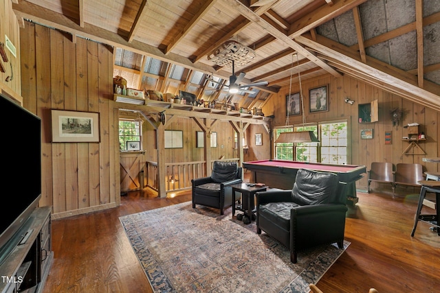 2409 Beechview Ct, Raleigh, NC 27615 - living area featuring billiards, wood walls, hardwood / wood-style floors, ceiling fan, and wood ceiling